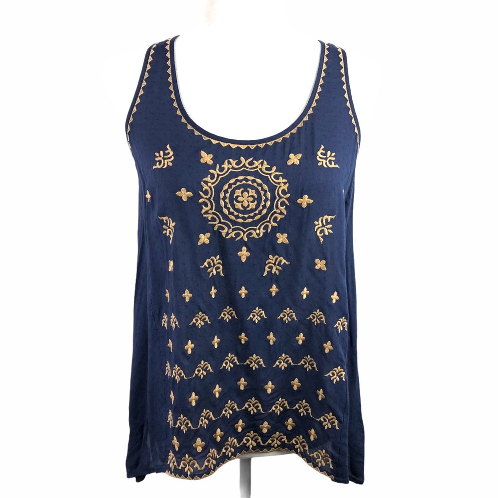 NWT THML Clothing Embroidered Boho Navy Tank Top Size Small Fit And Flare